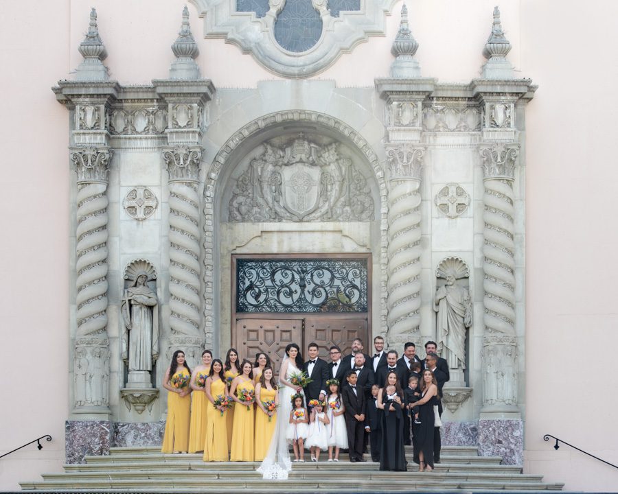 Wedding family formals in front of the historic St Timothy's Church in west los angeles