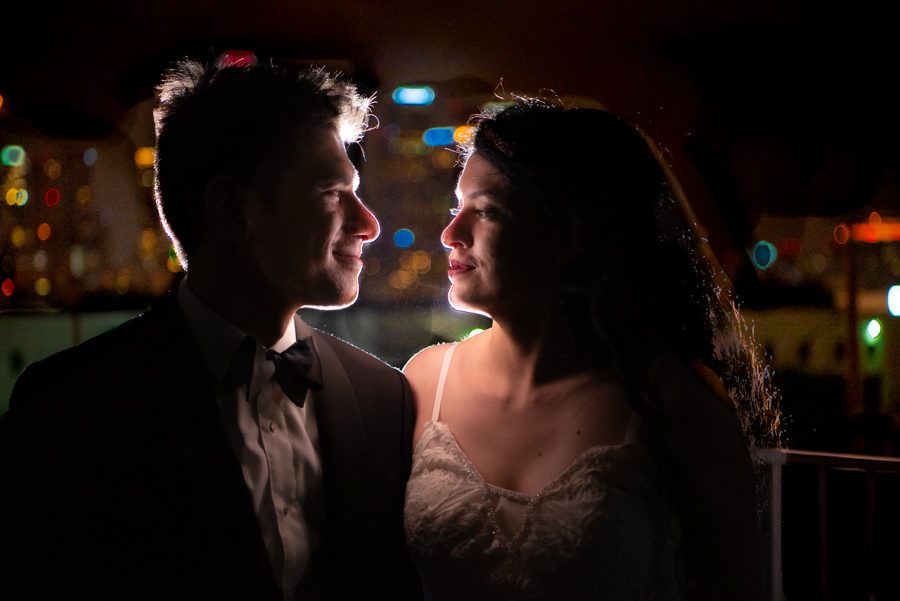 Stunning night portrait of bride and groom