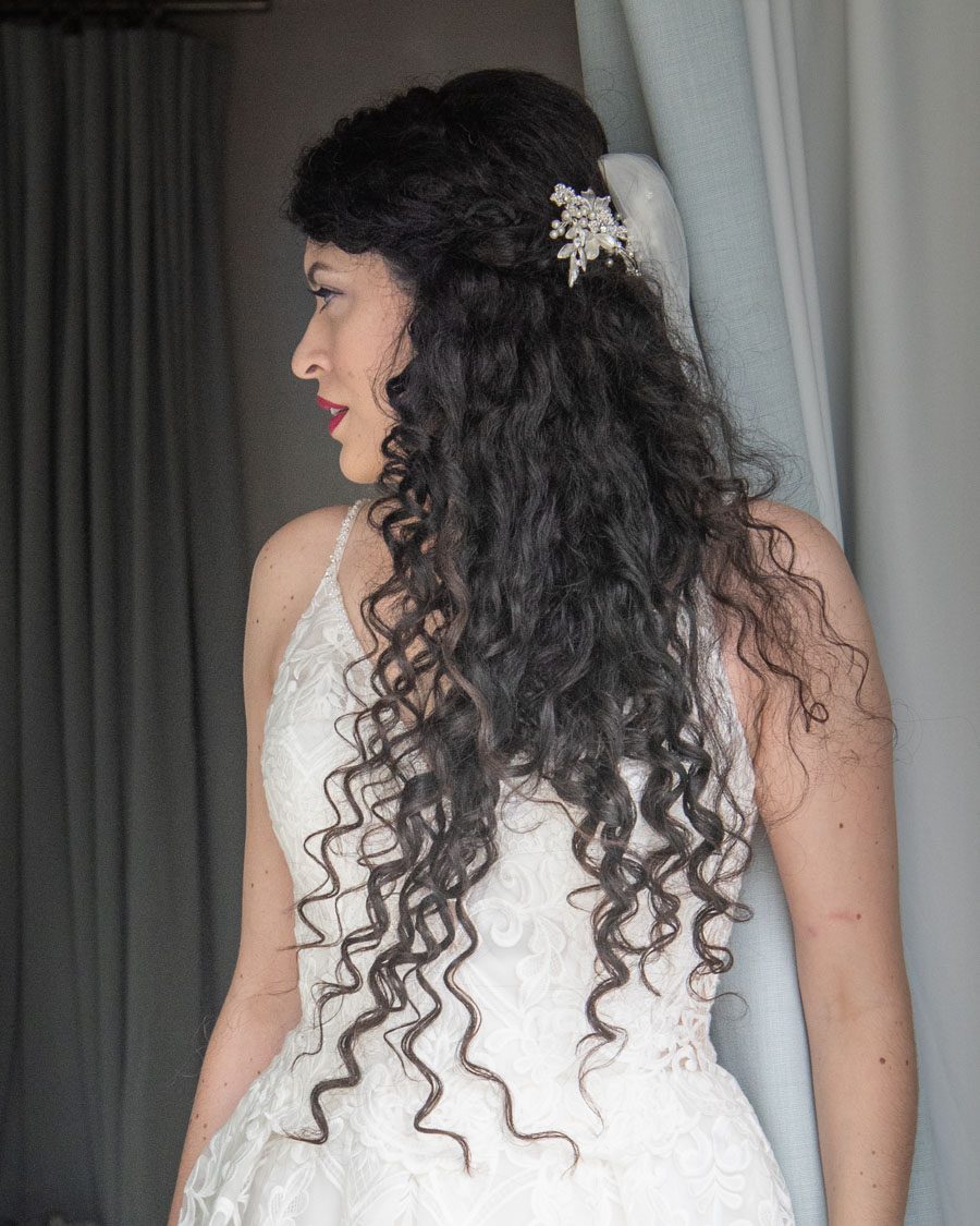 Bride with long curly hair in Beverly Hills
