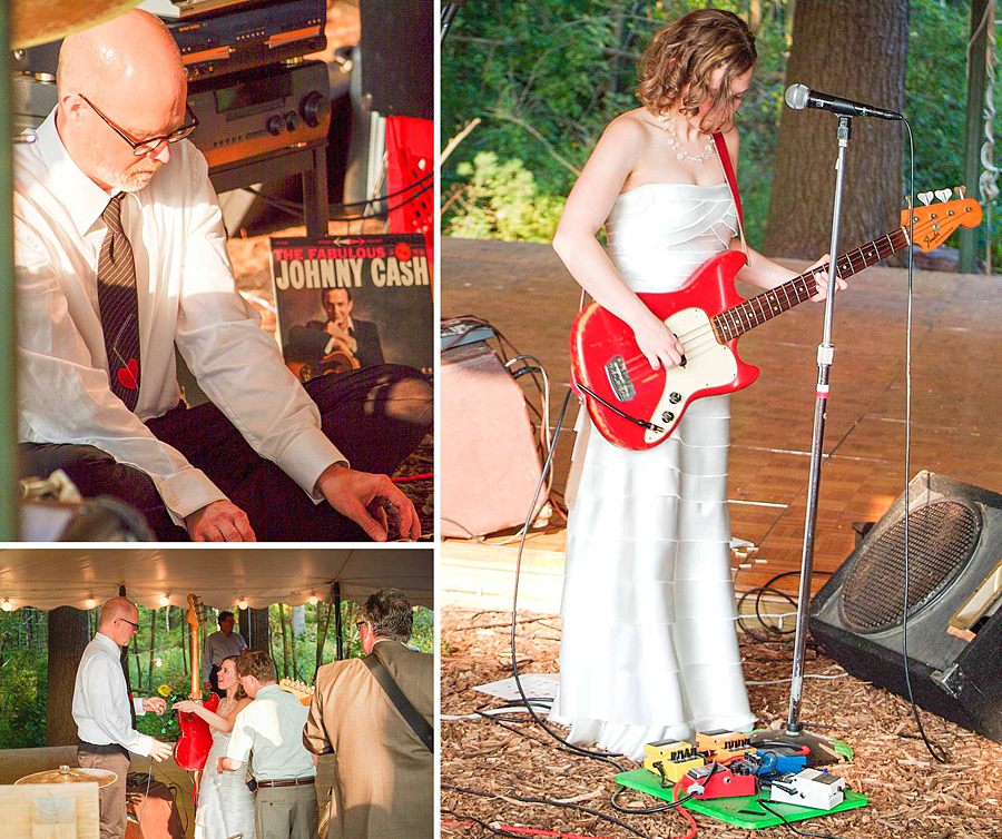 bride playing bass guitar for guests