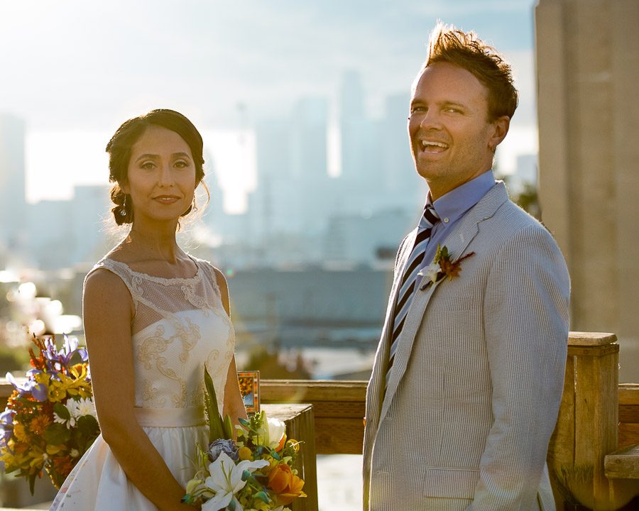 rooftop wedding portrait with downtown los angeles in the background